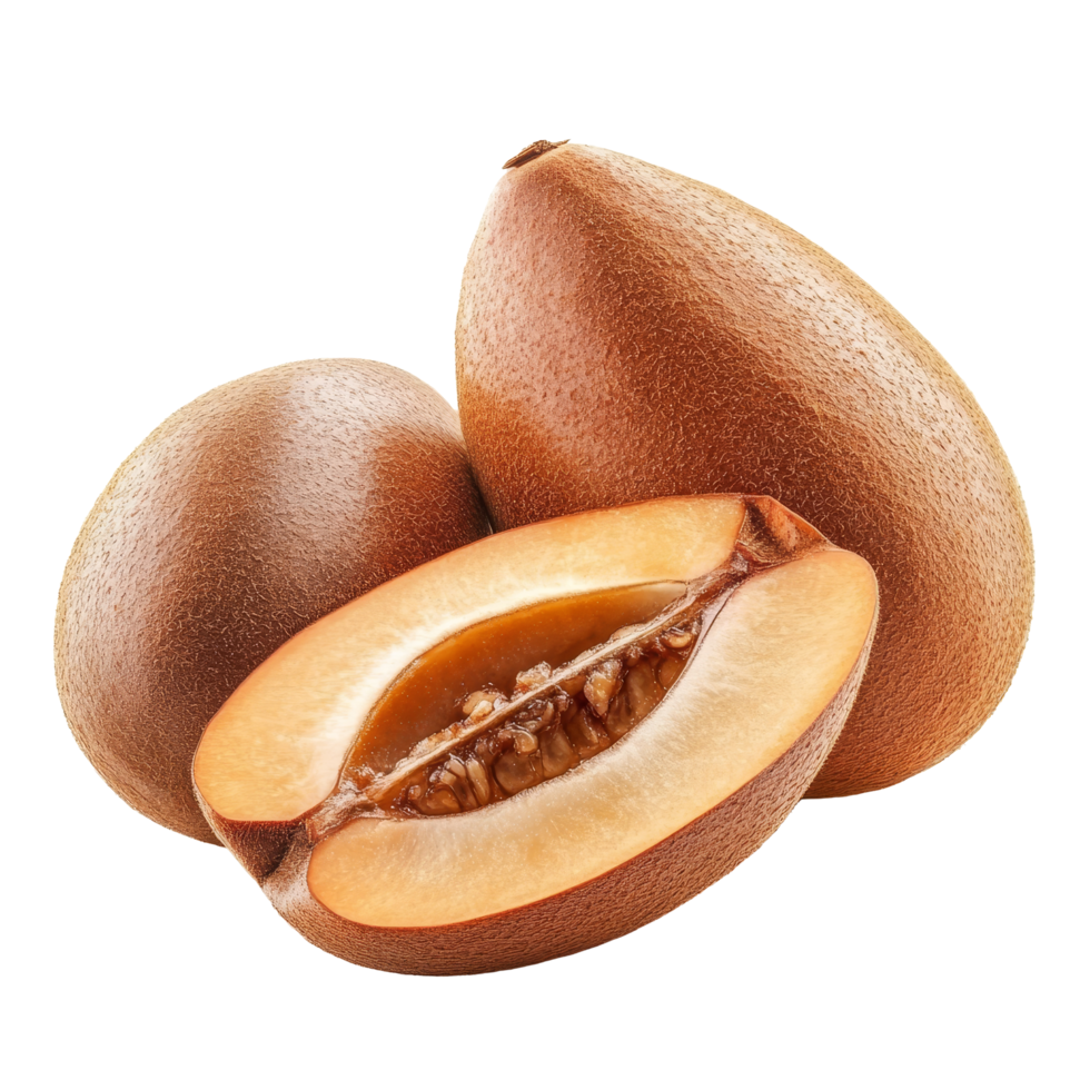 Sapodilla fruit with cut half revealing sweet brown flesh on transparent background, Sapodilla fruit isolated on transparent background png