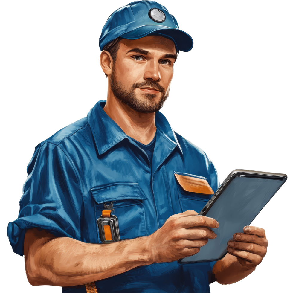 Repairman uses a tablet to assist with technical work in a residential setting during daylight hours, Repairman connecting with a tablet png