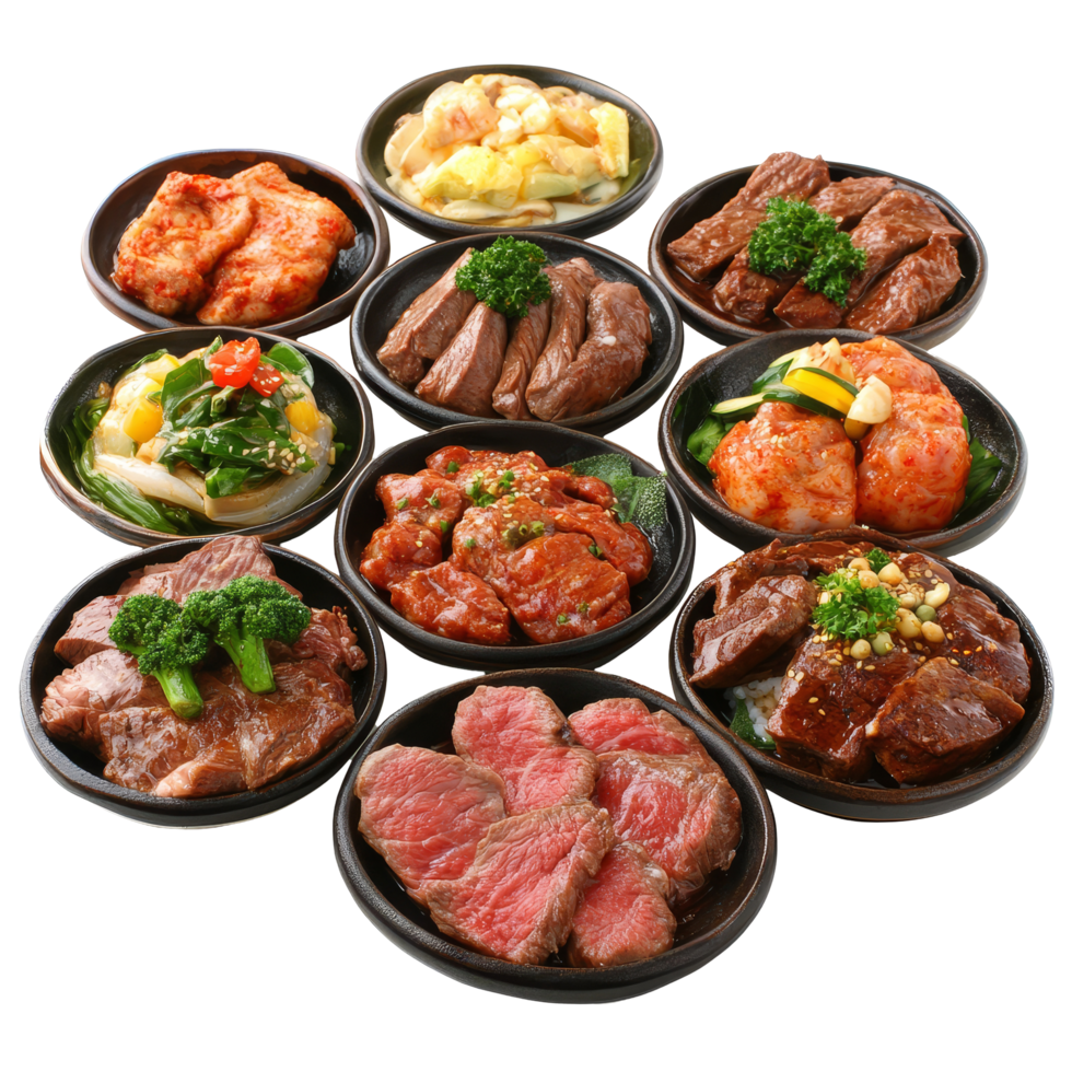 A diverse selection of flavorful beef dishes served in bowls against a transparent background, Various beef dish isolated on transparent background png