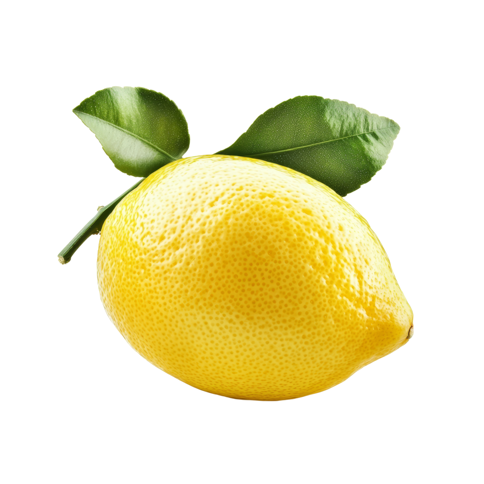 Fresh lemon with vibrant green leaves isolated on a clean transparent background highlighting its natural beauty and texture, ripe lemon isolated on transparent background png