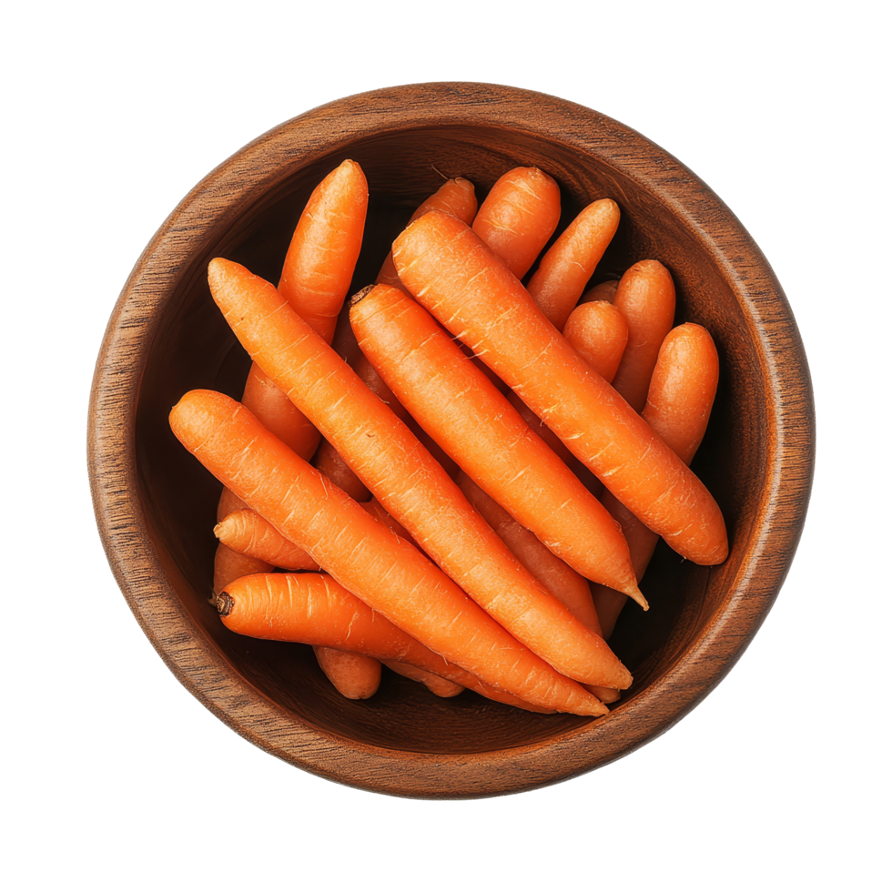 Aerial view of a wooden bowl filled with fresh, small organic baby carrots ready for cooking or snacking, Top view of a group of organic small baby carrots isolated on transparent background png