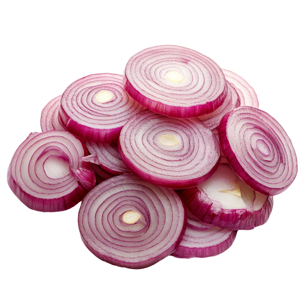 Fresh red onions sliced into circular rings on a clean transparent background for culinary presentations and recipes, red sliced onions isolated on transparent background png