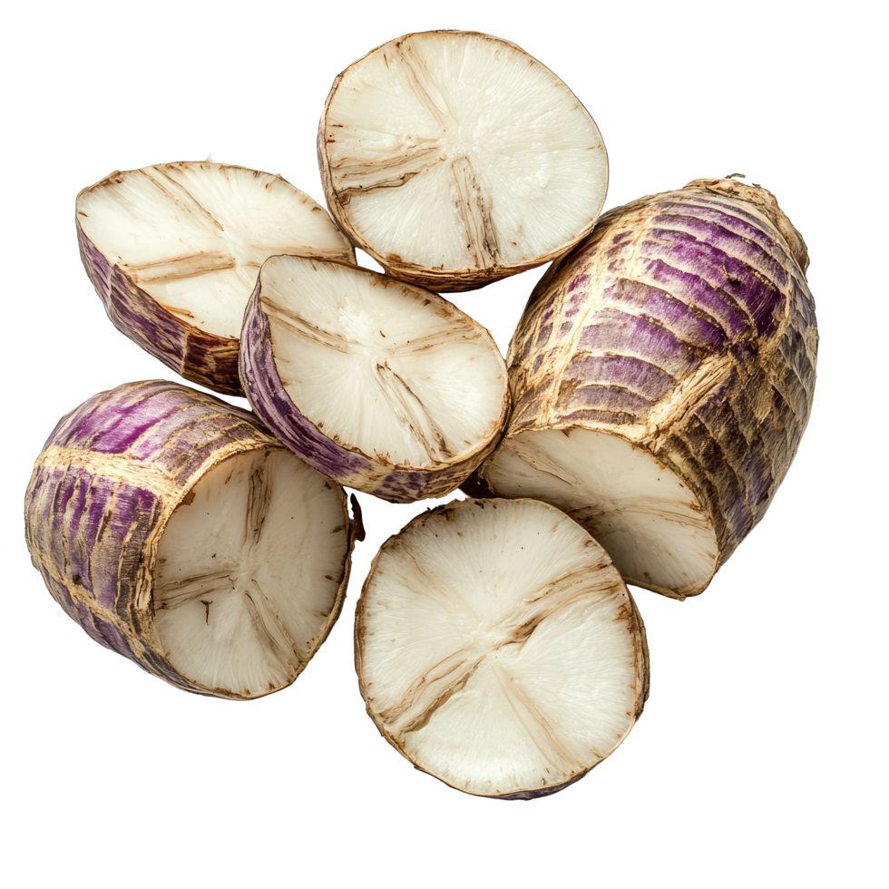 Freshly sliced taro root pieces isolated on a transparent background, showcasing their unique purple and transparent texture, taro sliced isolated on transparent background png