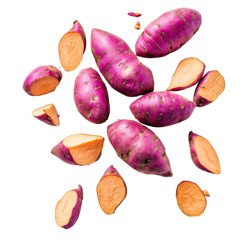 Fresh sweet potatoes cut and whole on a transparent background showcasing their vibrant color and texture, Fresh sweet potatoes on a transparent background png
