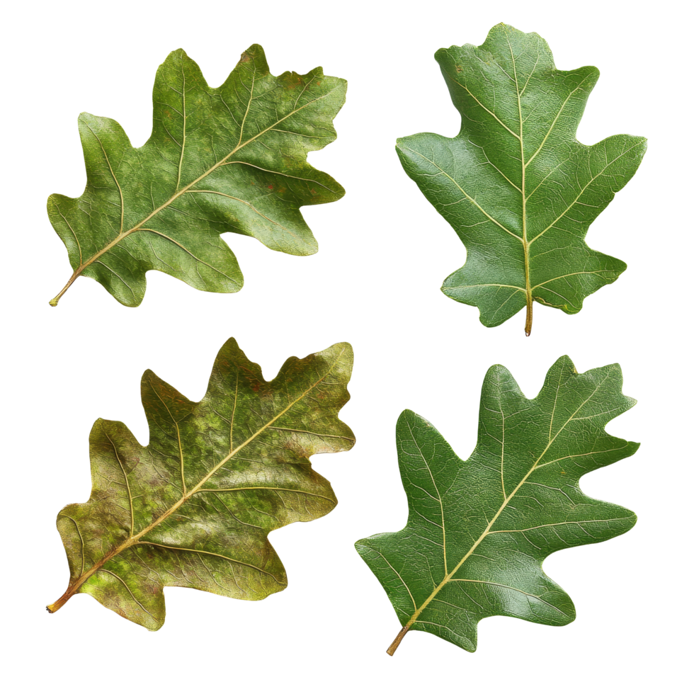 A collection of oak green leaves on a pristine transparent background showcasing natural textures and colors, Three oak green leaves transparent background png