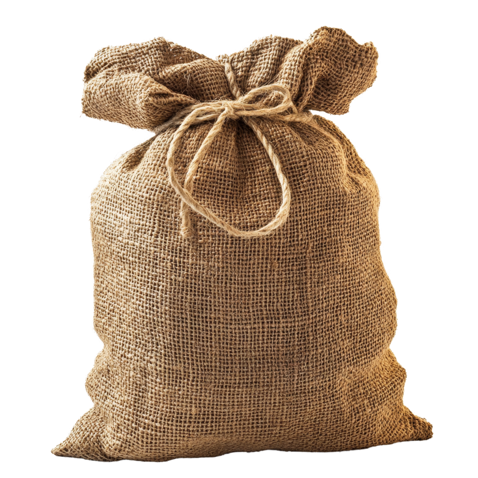 An empty burlap sack tied with twine, placed on a neutral background for versatile storage solutions or crafts, Empty burlap sack png