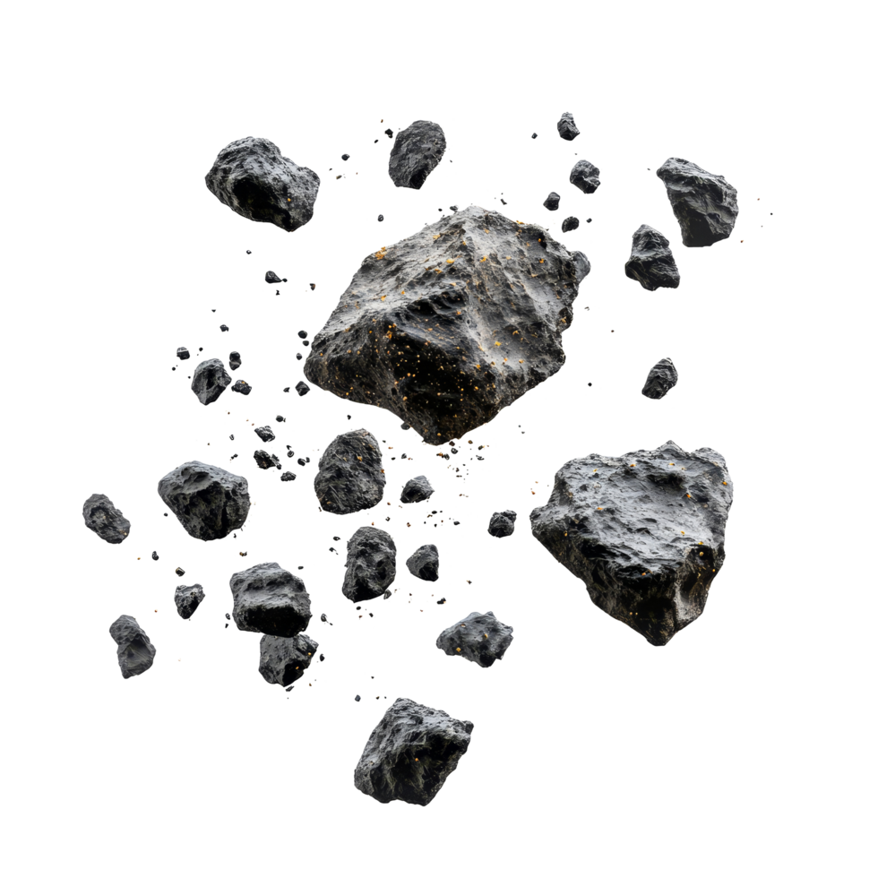 Asteroids floating in air against a transparent background showcasing unique transparent textures and details, Asteroids in air template, isolated transparent background png