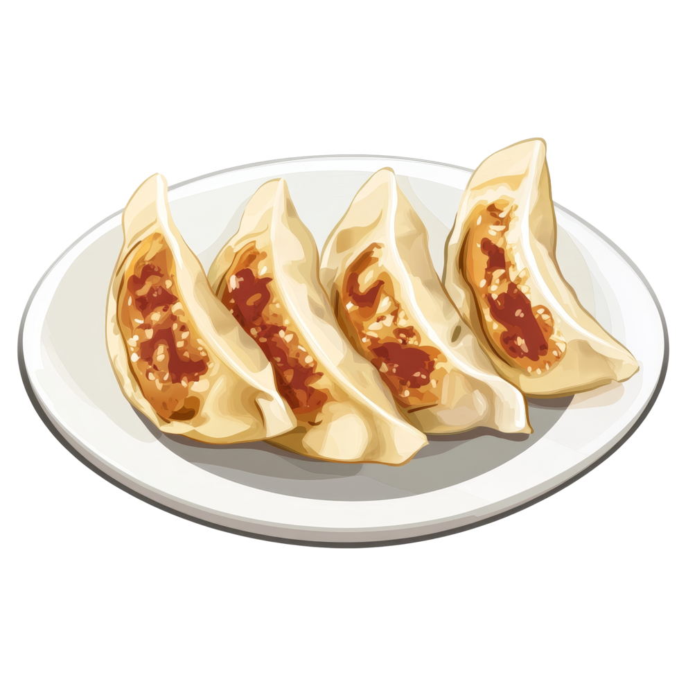 Deliciously prepared gyoza on a transparent plate showcasing the classic Japanese dumpling design and filling, Gyoza japanese food Isolated transparent background png