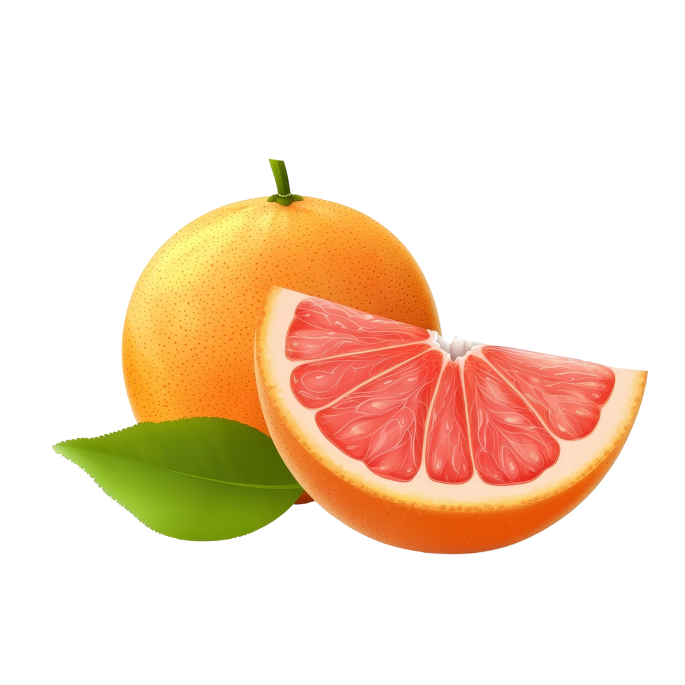Fresh grapefruit citrus fruit with a green leaf, showcasing vibrant colors against a clean transparent background, grapefruit citrus fruit with leaf isolated on transparent background png