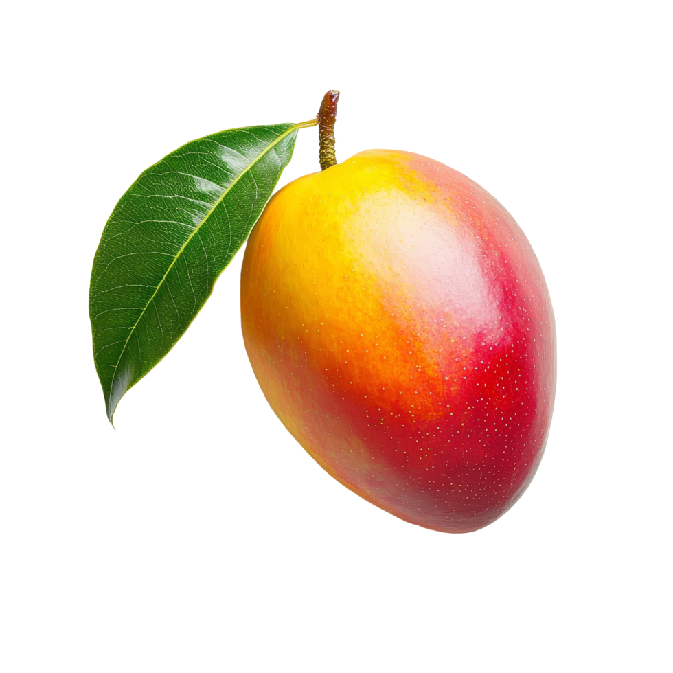 Fresh mango with a single green leaf resting on a transparent background, highlighting its vibrant colors and smooth texture, mango with leaf on transparent background png