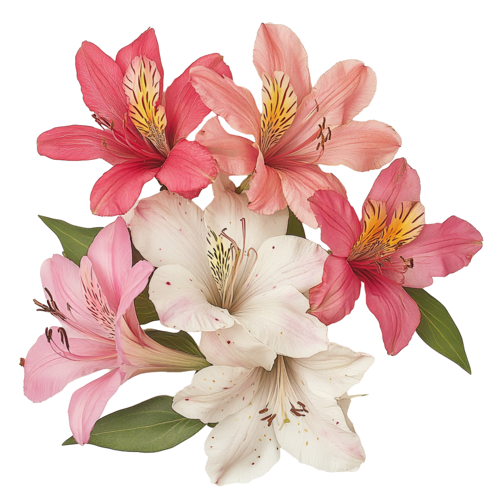 A cluster of vibrant alstromeria flowers in various shades against a clean transparent background, On a transparent background, theres afeaturing alstromerias png
