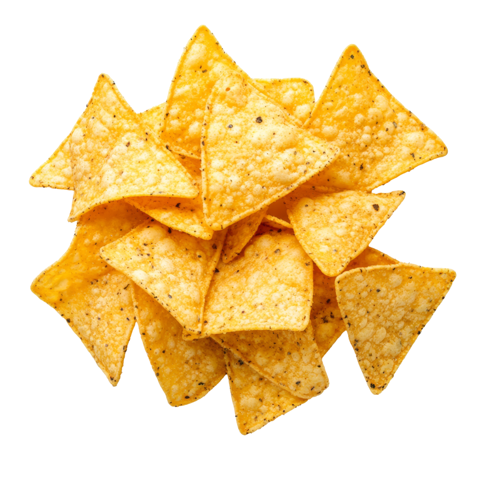 Top view of golden nacho chips arranged neatly on a transparent background, perfect for snacking or party platters, nacho chip top view isolated on transparent backgroud png