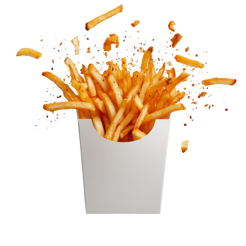Freshly cooked French fries overflowing from a transparent paper box with flying pieces, French fries bursting out from transparent paper box png