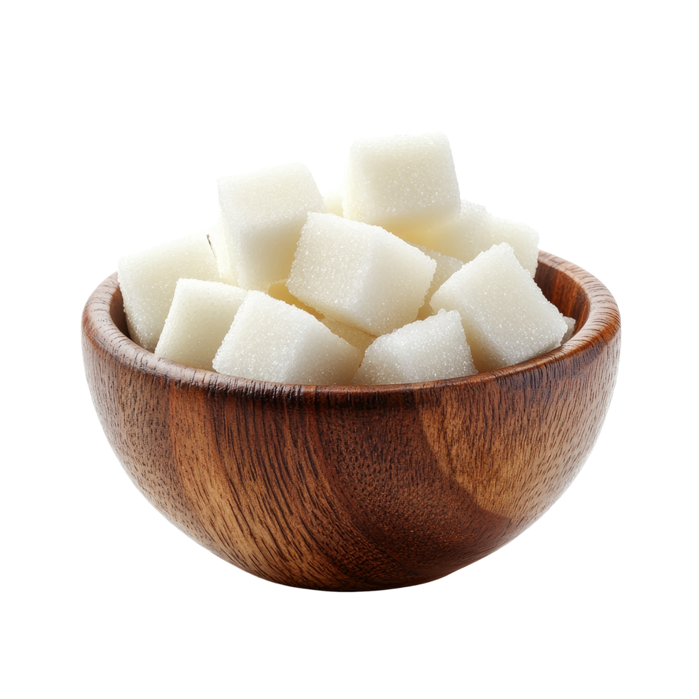 Sugar cubes arranged neatly in a wooden bowl isolated on a pristine transparent background for culinary use, Sugar cube in wood bowl isolated on transparent background png