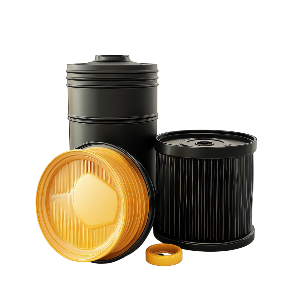 Car oil filters and motor oil plastic can displayed against a simple background for automotive, Car oil filters and motor oil plastic can, 3d illustration, 3D render, isolated on transparent png