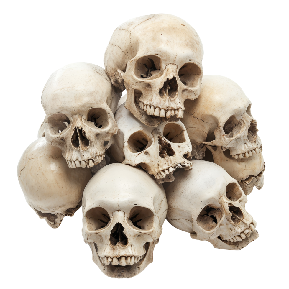A collection of human skulls stacked together on a plain transparent background highlights their shapes and features, pile of skull isolated on transparent background png