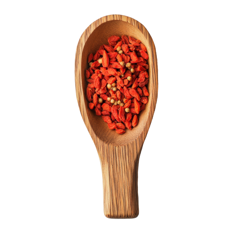 Dried goji berries in a wooden scoop on a transparent background, dried goji berries in wood scoop on transparent background png