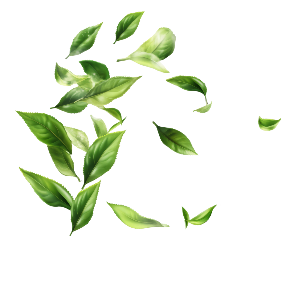 Fresh green tea leaves isolated on a transparent background for culinary and wellness uses, green tea leaves isolated on transparnt png