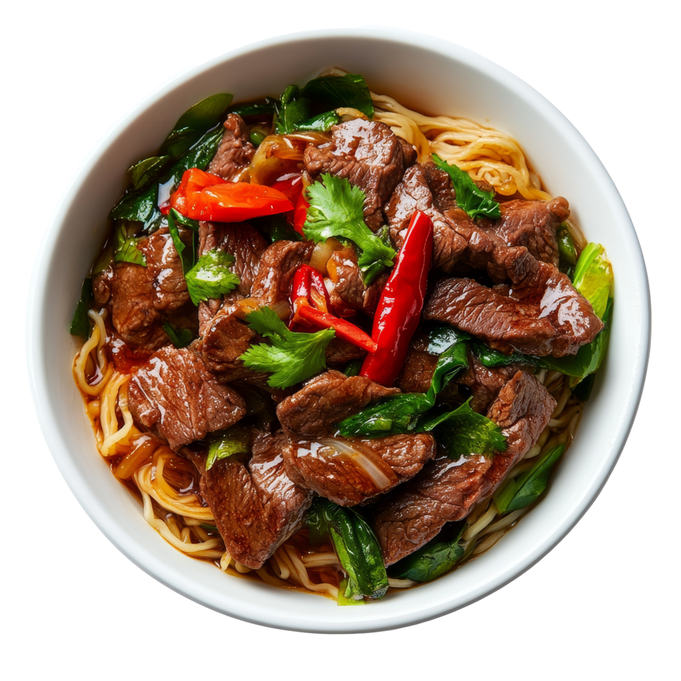 Delicious beef and noodle dish with vibrant vegetables served in a transparent bowl on a bright background, beef with noodle dish isolated on transparent background png