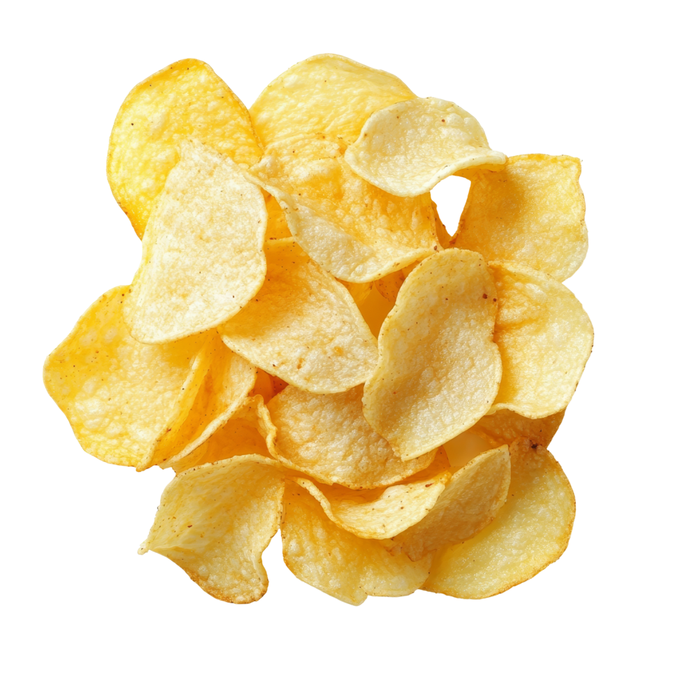 A handful of crispy potato chips arranged in an inviting manner on a clean transparent background, Potato chips isolated png