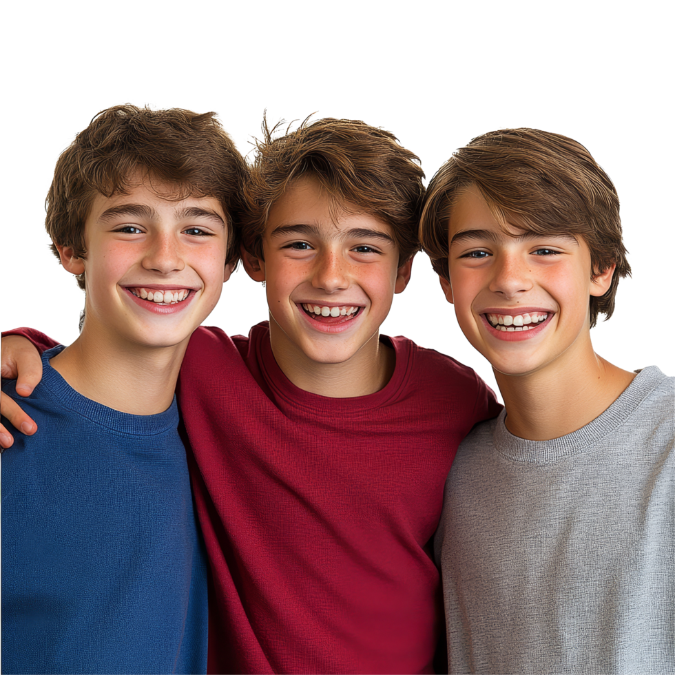 Three happy teenage boys enjoying a joyful moment together on a transparent background, Three Happy Teen Boys Friends on transparent background png