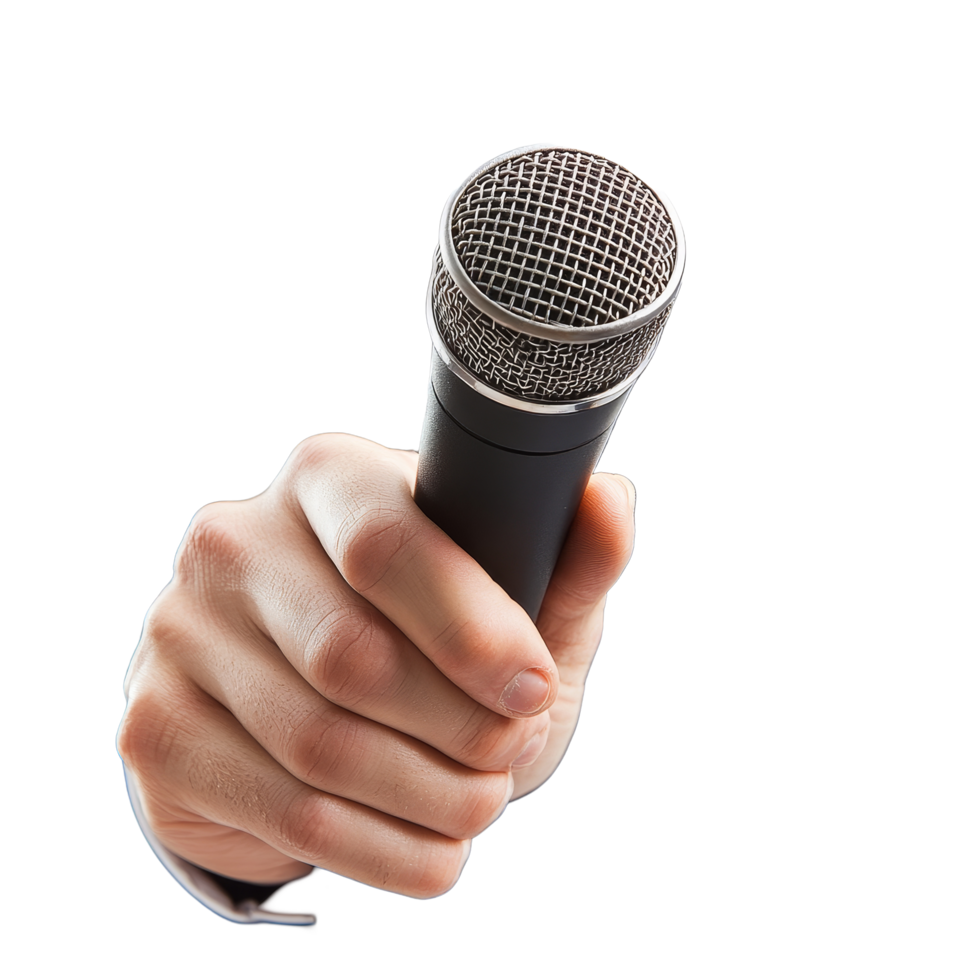 Confident businessman speaking at a conference while holding a microphone in a professional setting, Confident Businessman at a conference Speaker with Microphone Isolated on transparent background png
