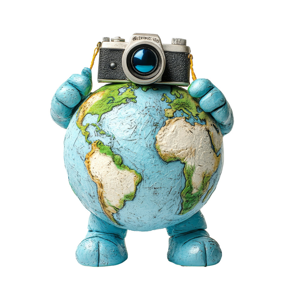 Globetrotting earth character holding a camera while exploring diverse locations around the world, Globetrotting Earth Character with Camera Travel Concept on transparent background png