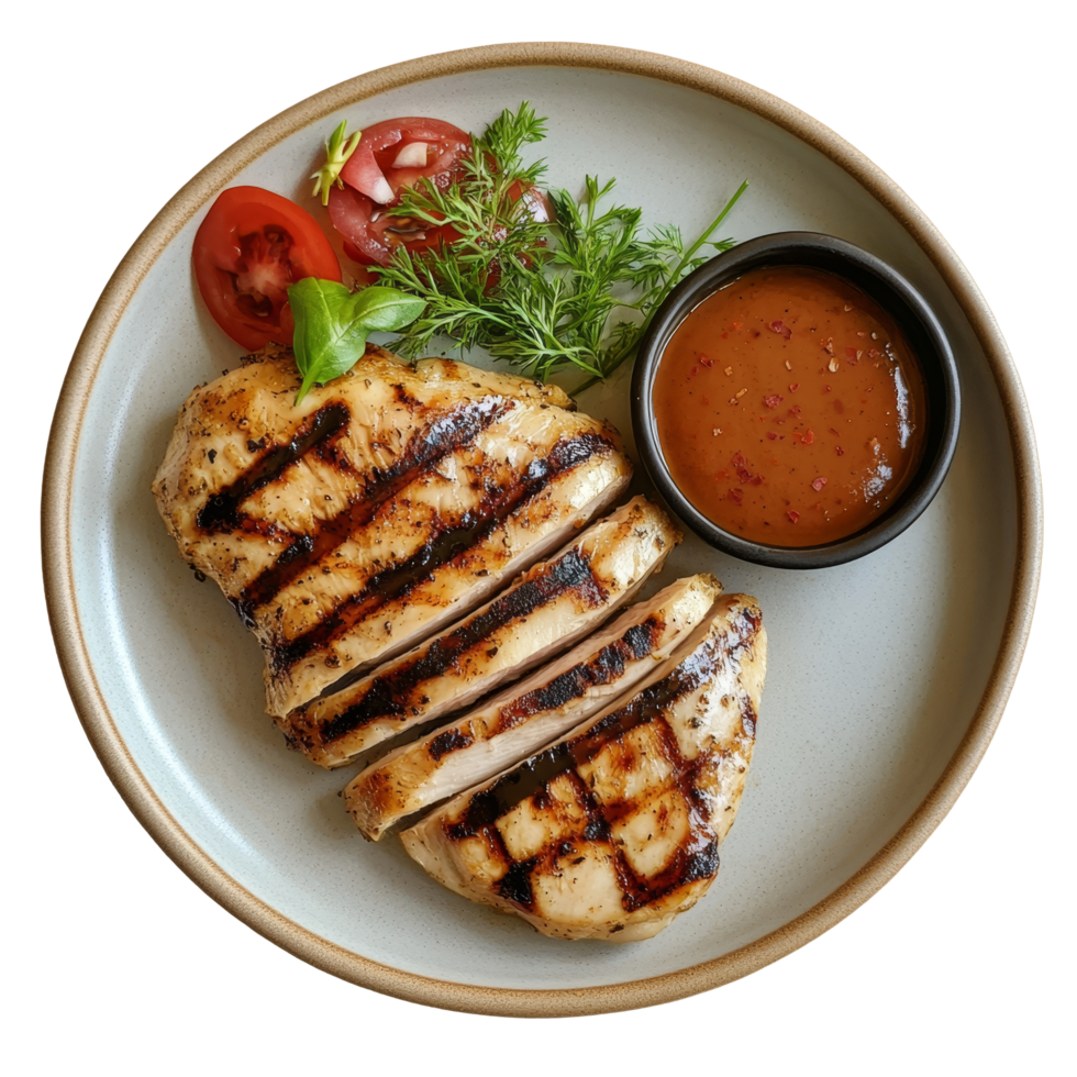 Grilled chicken steak served on a plate with sauce and fresh vegetables for a delightful meal, Plate of grilled chicken steak with sauce png