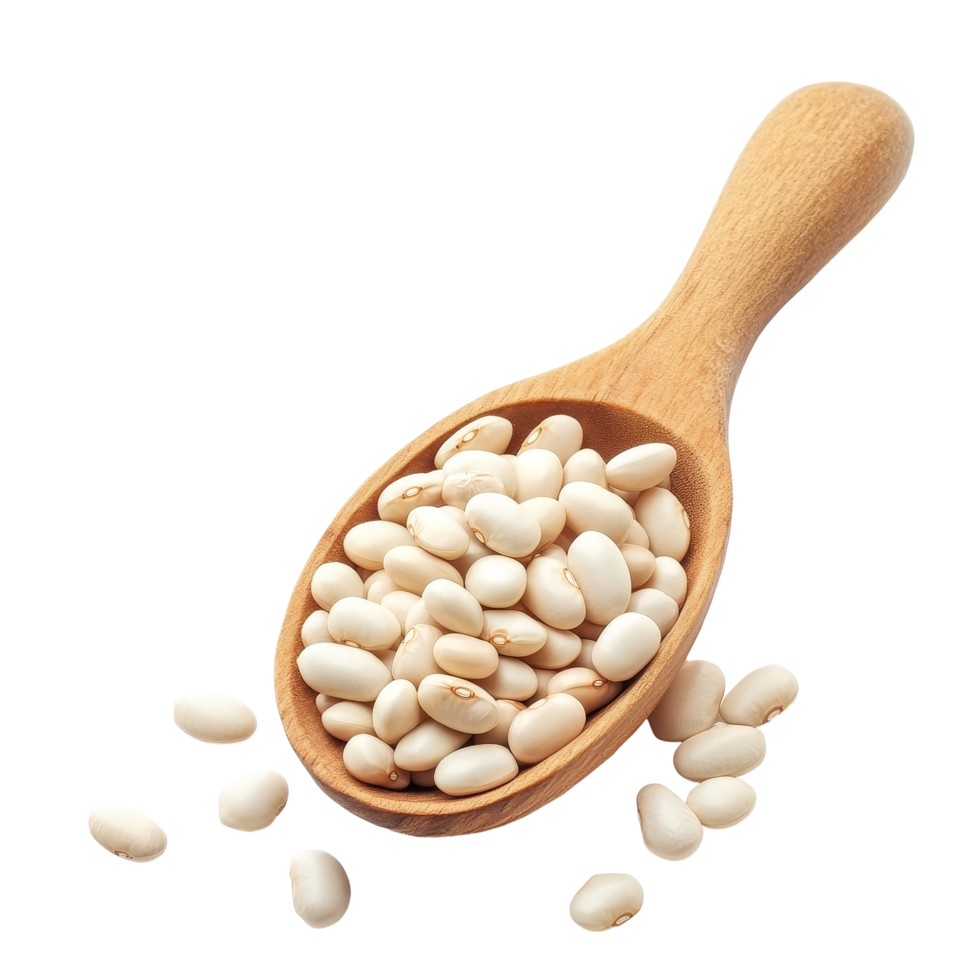 A wooden spoon filled with transparent beans displayed on a clean transparent background for culinary use, Heap of transparent beans in wood spoon isolated on transparent background png