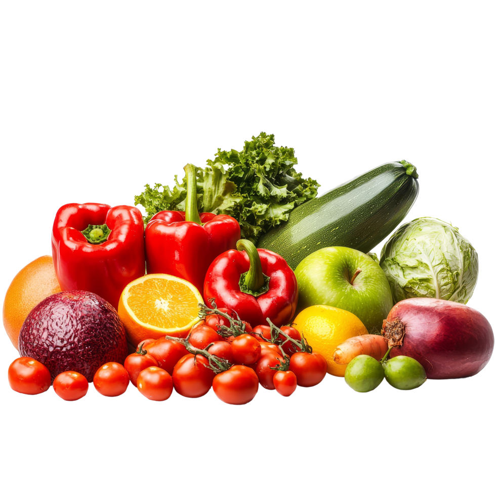 A colorful array of fresh fruits and vegetables arranged on a clean transparent background for a healthy lifestyle, fruit and vegetable on transparent background png