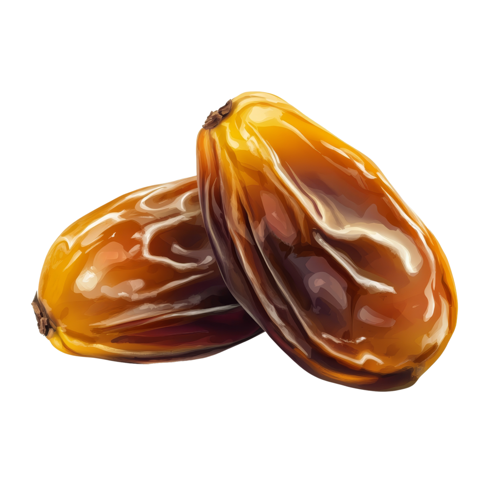 Two dates isolated on a transparent background showcasing their rich texture and vibrant color, dates isolated on transparent background png
