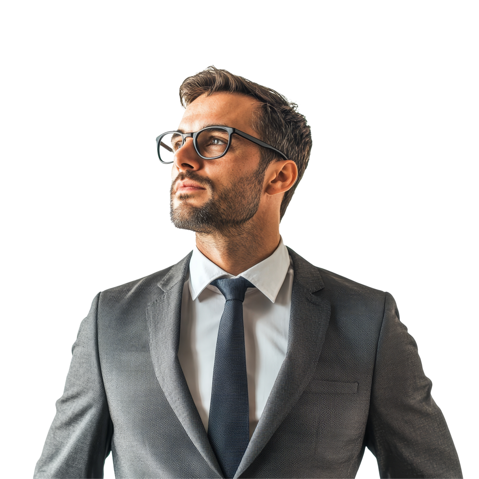 Confident businessman in formal attire poses thoughtfully against a clean transparent background, Business man isolated on transparent background png