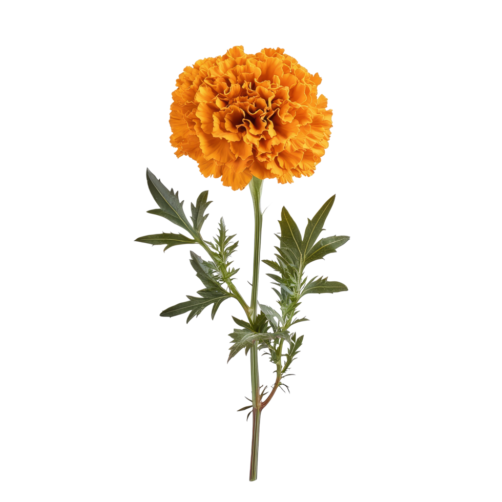 Beautiful marigold flower isolated on a transparent background showcasing vibrant orange petals and green foliage, marigolds flower isolated on transparent background png