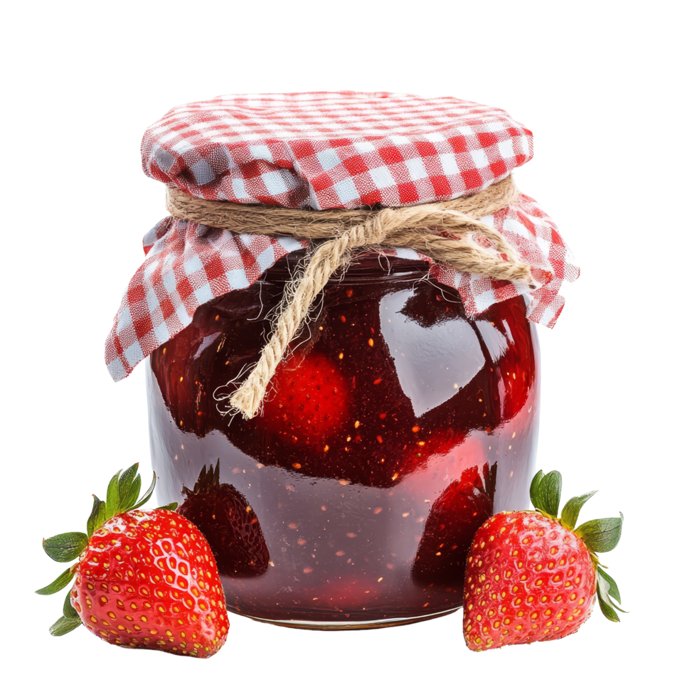 Deliciously rich homemade strawberry jam in a glass jar with gingham cloth lid and fresh strawberries beside it, Jar of Homemade Strawberry Jam with Gingham Cloth Cover on transparent background png