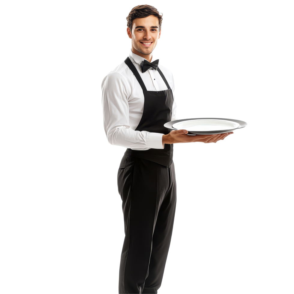 Elegant waiter in formal attire serving a tray, showcasing hospitality in a pristine setting, Elegant Waiter Serving Pose Isolated on transparent background png