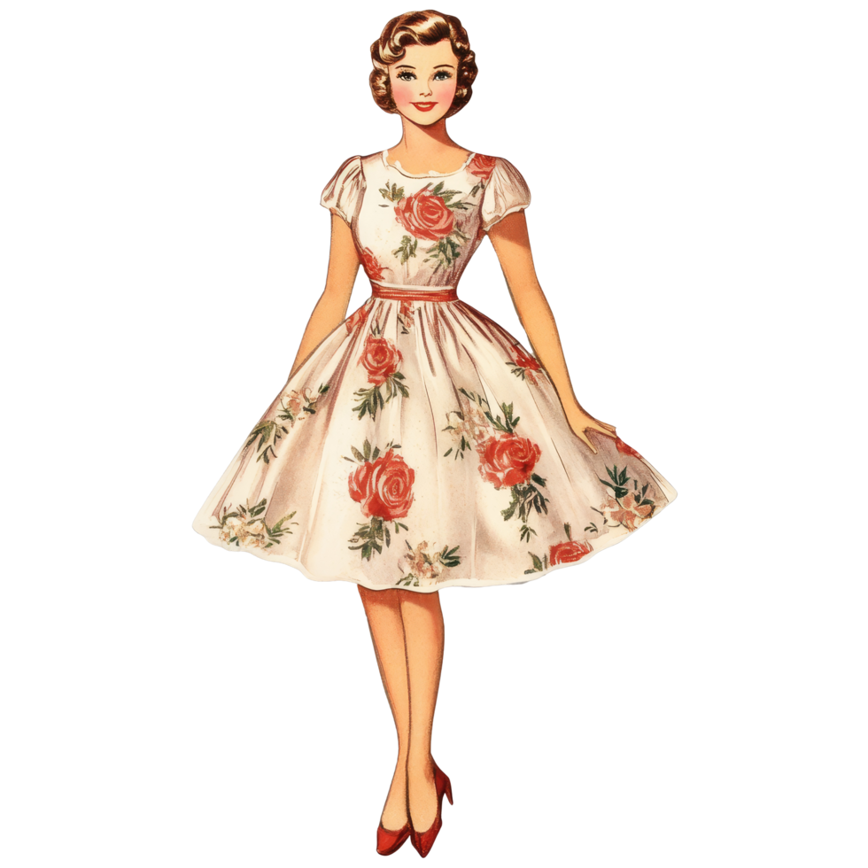 Vintage paper doll dressed in elegant floral pattern from mid20th century America, This vintage paper doll exudes the charm of the 1950s era transparent or transparent background backdrop png