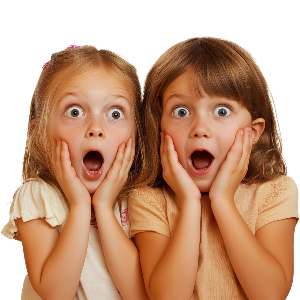 Two amazed young girls express excitement and surprise with hands on their faces in a joyful moment, two amazed kids girls friends, file of isolated object on transparent background png