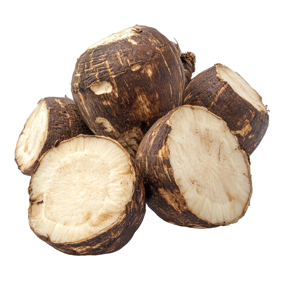 Fresh taro root isolated on a transparent background showcasing its distinct texture and appearance, Taro root isolated on transparent background png