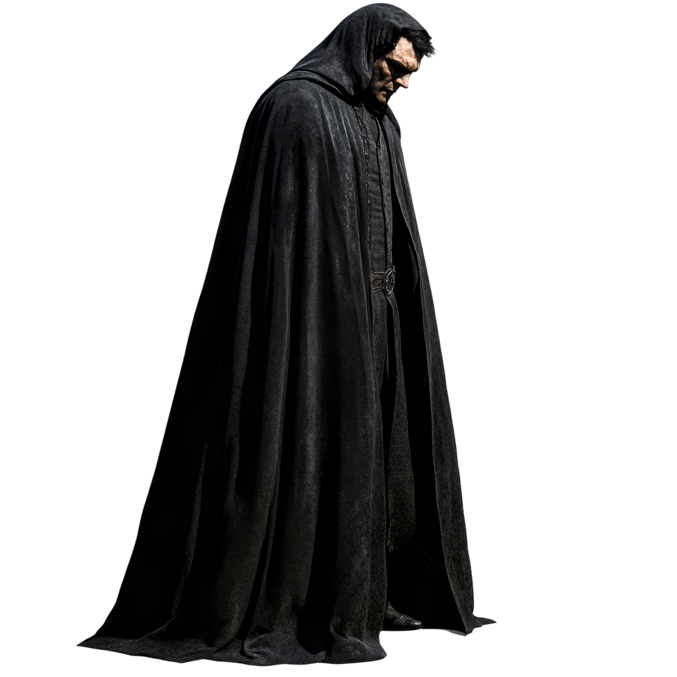 A fearsome male vampire in a dark cloak stands isolated, evoking an eerie atmosphere of the night, scary male vampire in a black cloak, file of isolated object with shadow on transparent background png