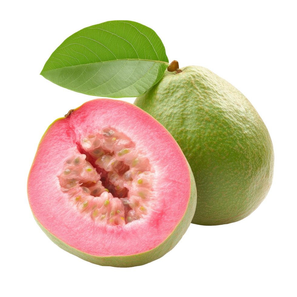 Half of a pink guava fruit with a green exterior and pink flesh isolated on a transparent background, Half Pink Guava fruit isolated on transparent background png