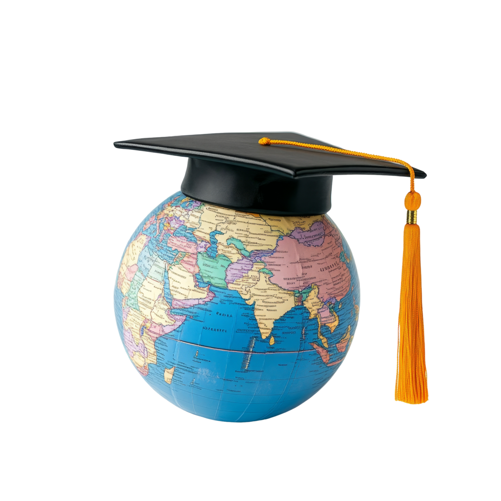 A globe wearing a mortarboard cap symbolizes global education and graduation success against a transparent background, Graduated Globe with Mortarboard on transparent background Global Education png