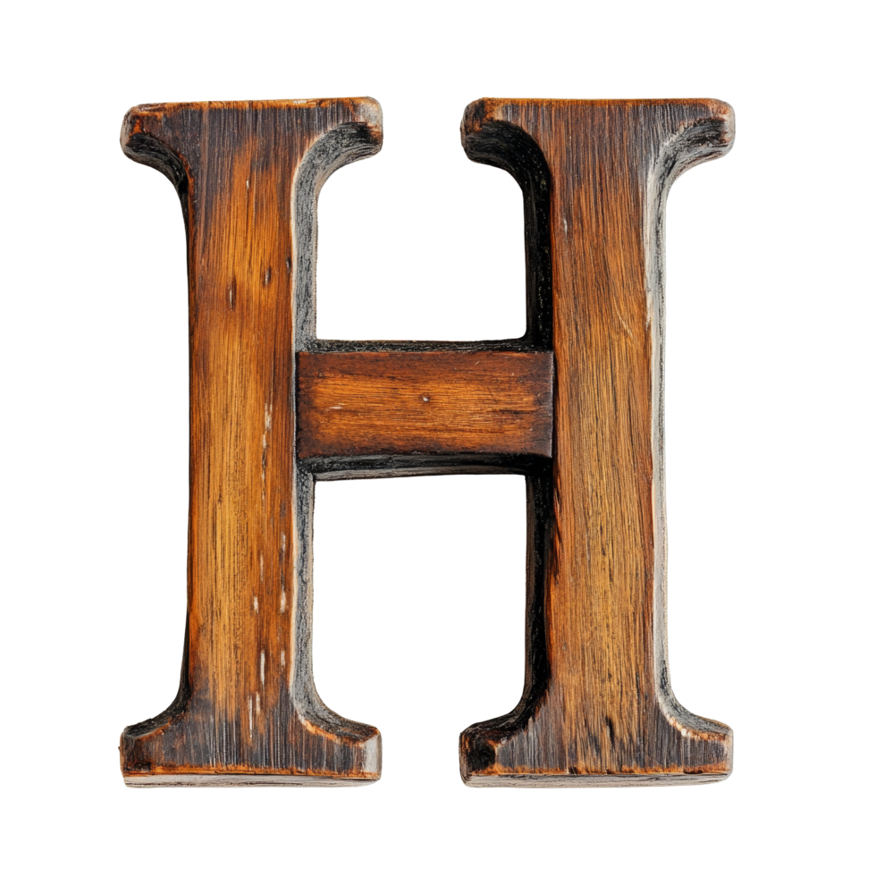 The letter H crafted from dark wood is displayed on a light background, showcasing its textured surface during daylight, consonant letter b is used to make words on transparent backgroundfile png