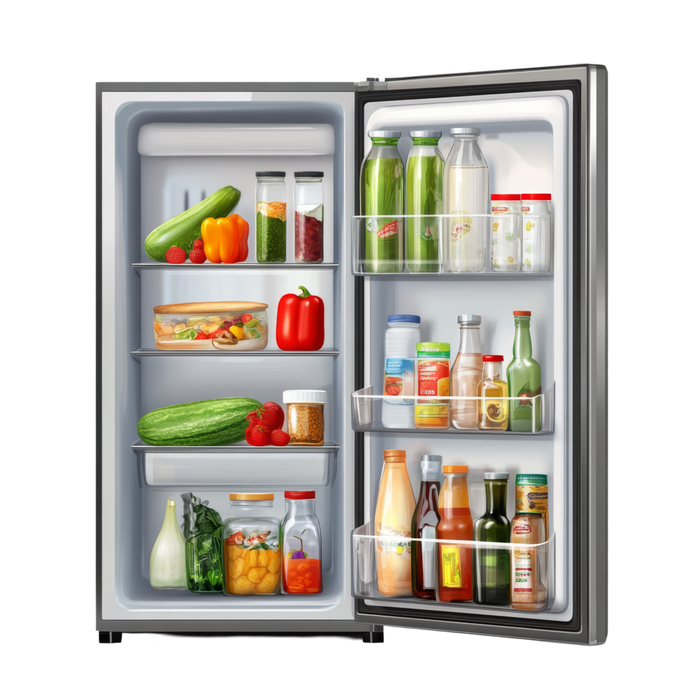 A wellorganized fridge filled with fresh vegetables, condiments, and beverages in a clear background, Illustration of a dragon on transparent background png