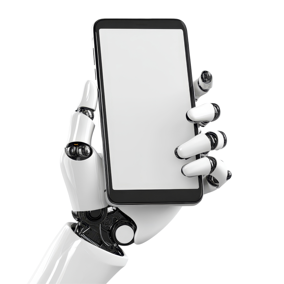 Robotic hand holding a blank smartphone against a clean background, Robotic Hand Holding Blank Smartphone Isolated on transparent background png