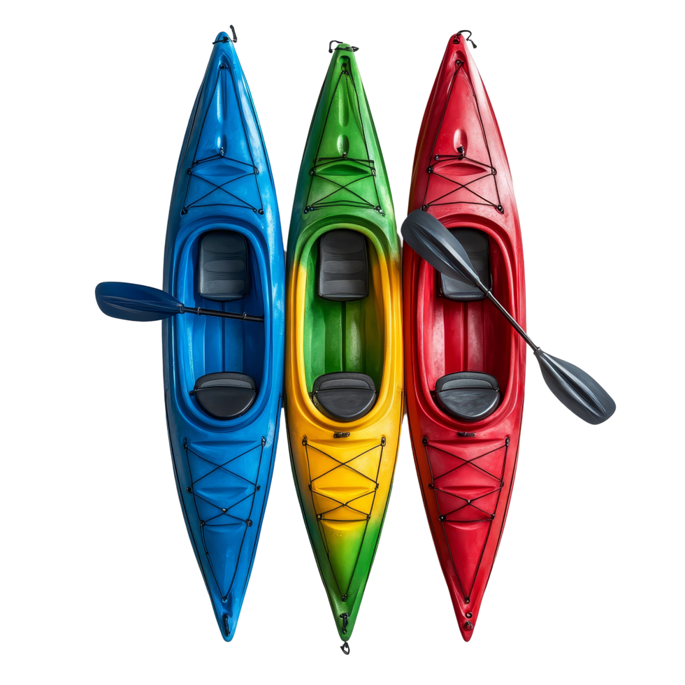 Colorful kayaks ready for adventure, featuring blue, green, yellow, and red options, ideal for summer fun on water, Kayaks with Paddles, blue, green, yellow and red On transparent background png
