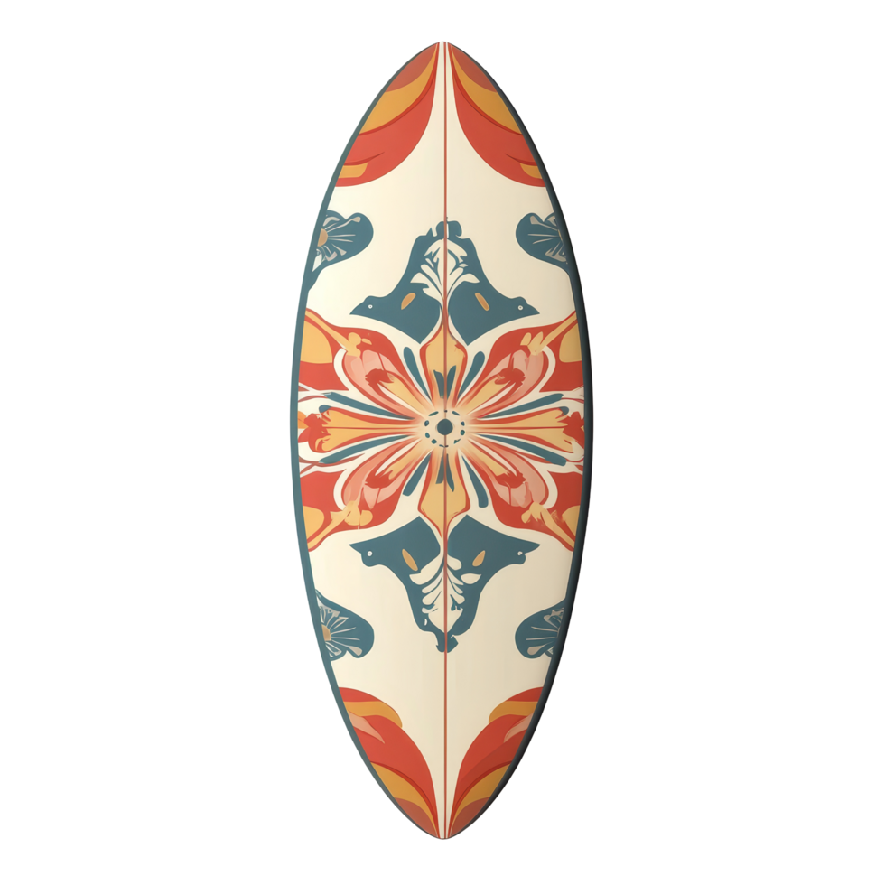 Retro surfboard with vibrant floral pattern on a clean transparent background perfect for beach enthusiasts and collectors, surf board with retro pattern isolated on transparent background or png