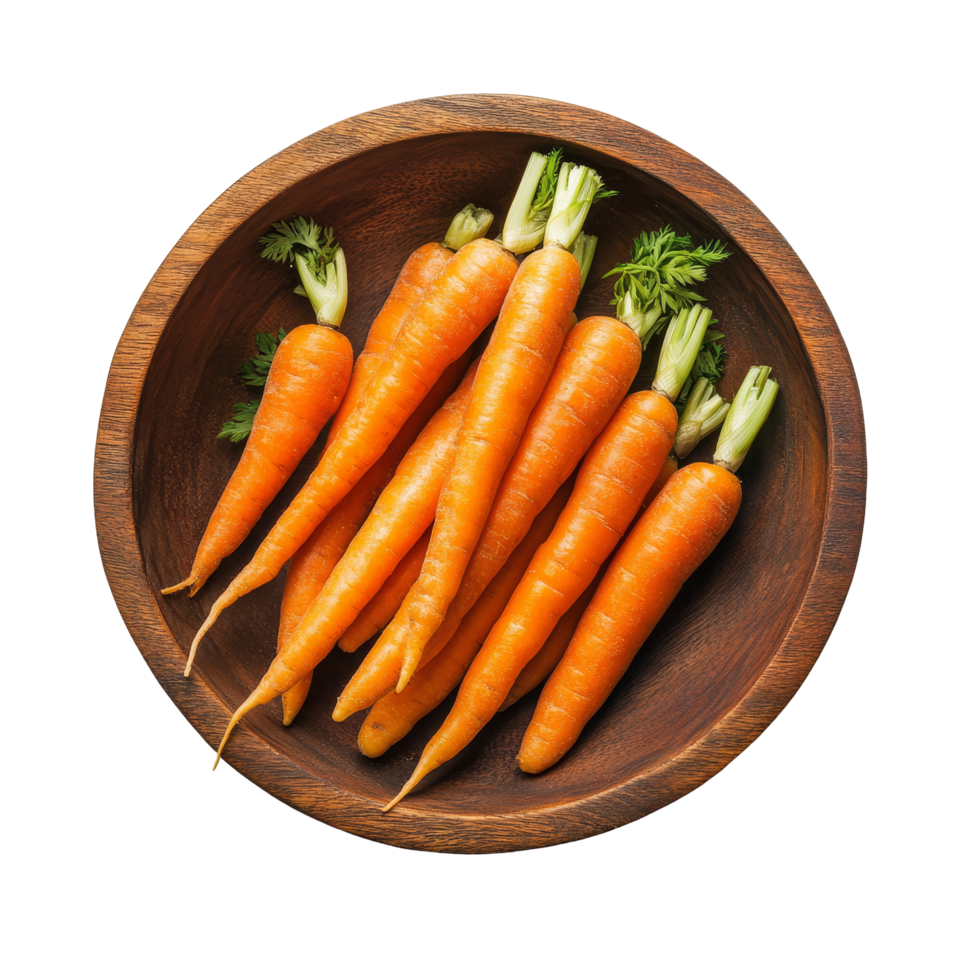Fresh organic baby carrots arranged in a wooden bowl viewed from above, showcasing their vibrant color and texture, Top view of a group of organic small baby carrots isolated on transparent background png