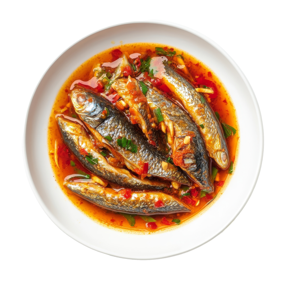 Delicious spicy sardines in tomato sauce served in a bowl with fresh herbs and colorful peppers, Spicy Sardines in tomato sauce canned fish ,Yum thai food style on transparent background png