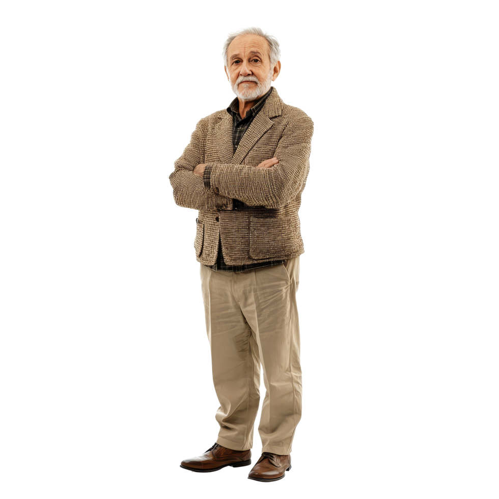 Elderly man smiling and standing confidently in a casual outfit on a bright background, Grandfather elder man standing full body view isolated on transparent background png