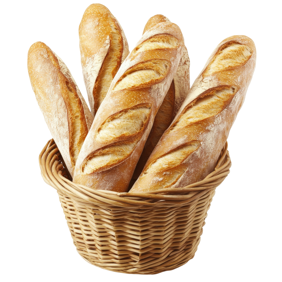 Freshly baked French baguettes displayed in a woven basket on a clean transparent background for culinary inspiration, French baguettes in a basket on transparent background png